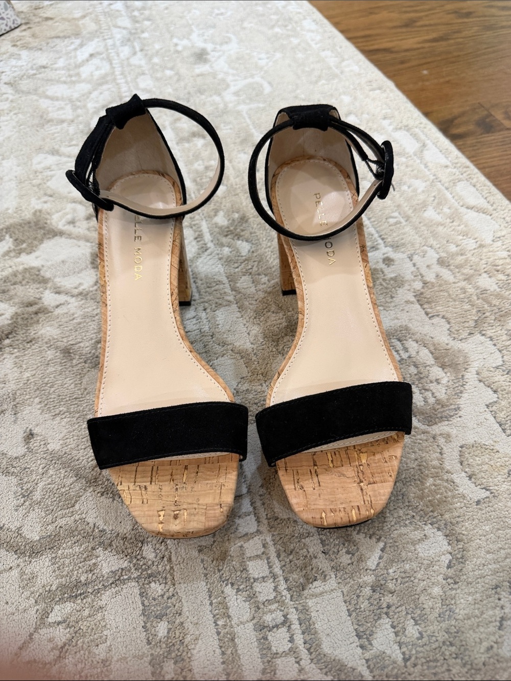 Pelle Moda Black Suede Cork Block Heel Sandals with Ankle Strap